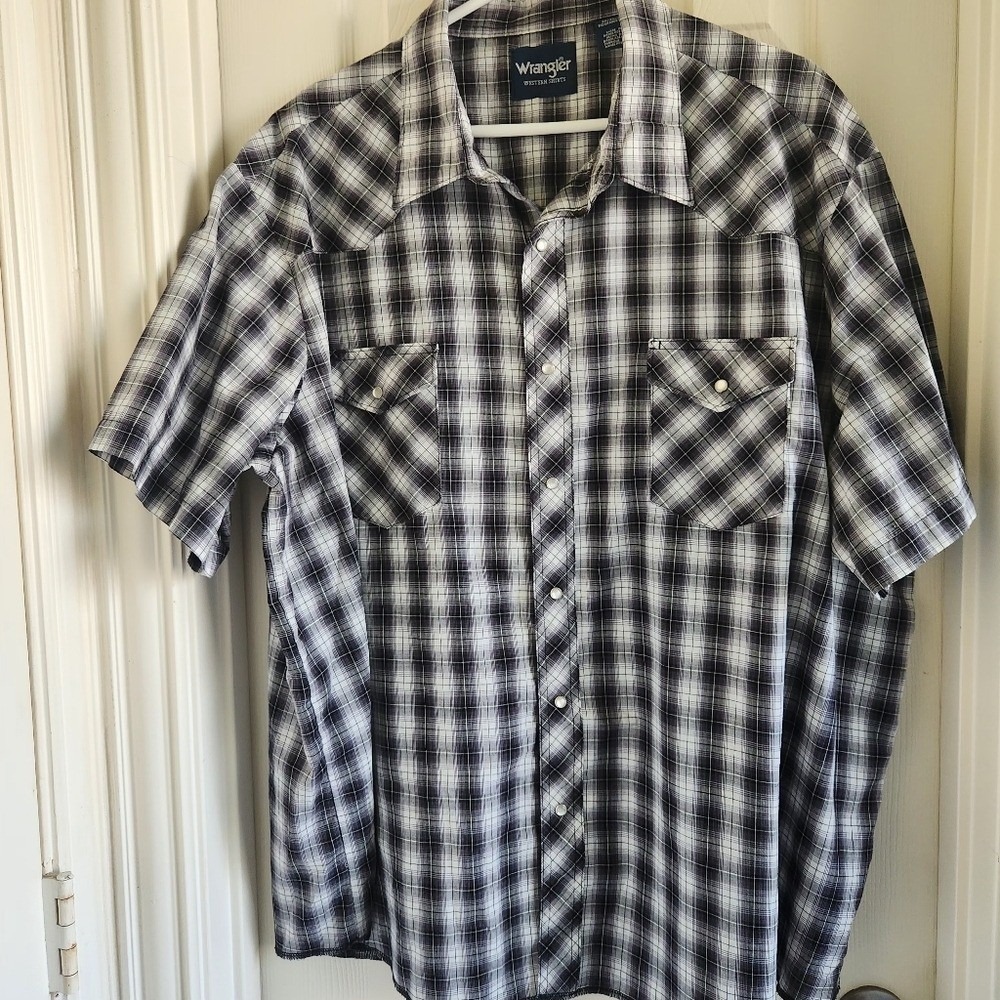 Wrangler Western Shirt 3XB Black White Plaid Pearl Snap Short‎ Sleeve Big & Tall